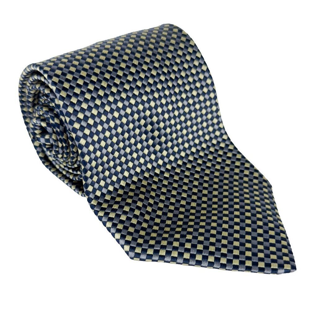 VALENTINO 100% Silk Made in Italy Checked Geometric Gold Gray‎ & Black Tie 54"
